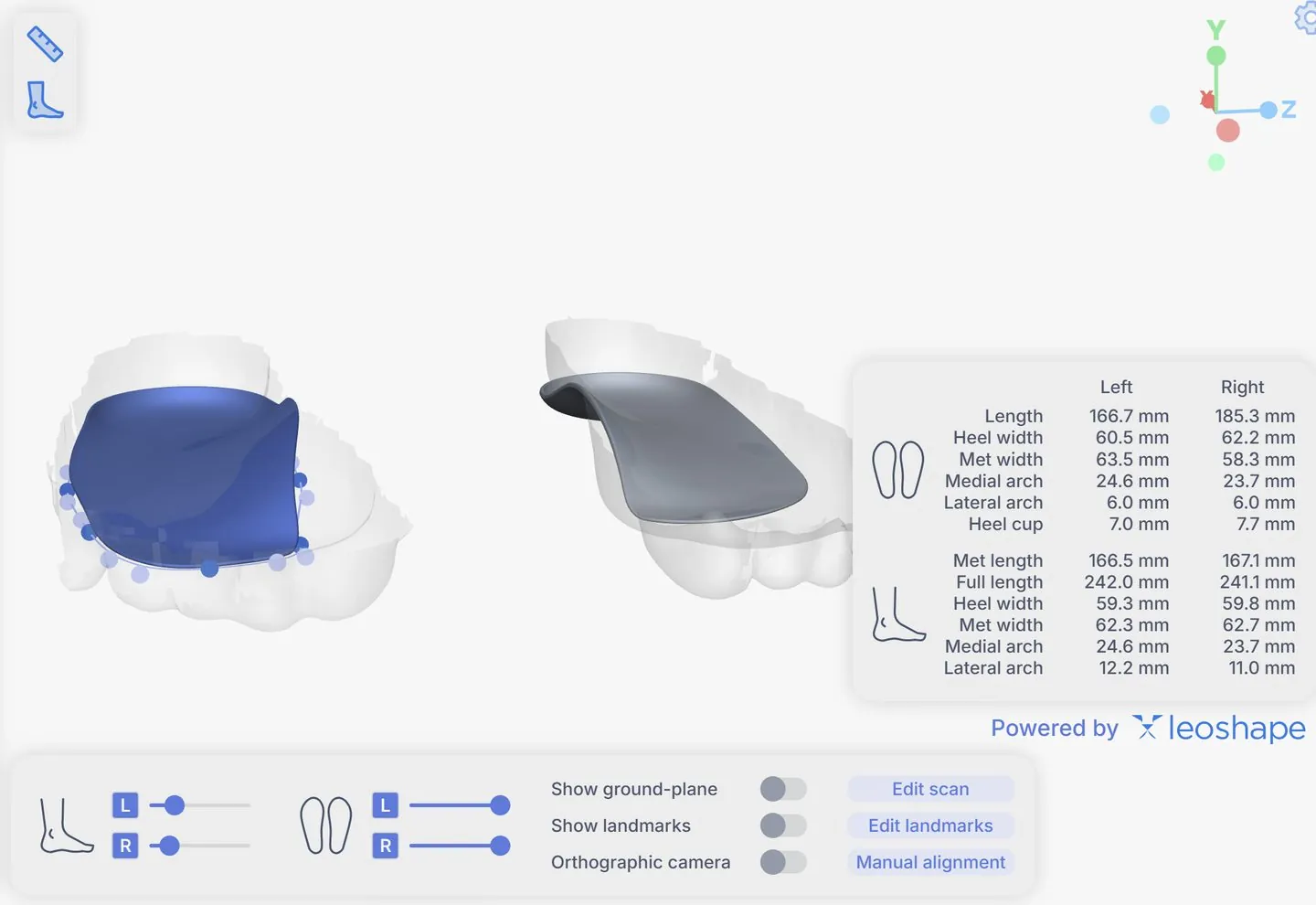 LeoShape LeoInsole: escaneo 3D de ambos pies con la plantilla generada y la tabla de medidas del pie